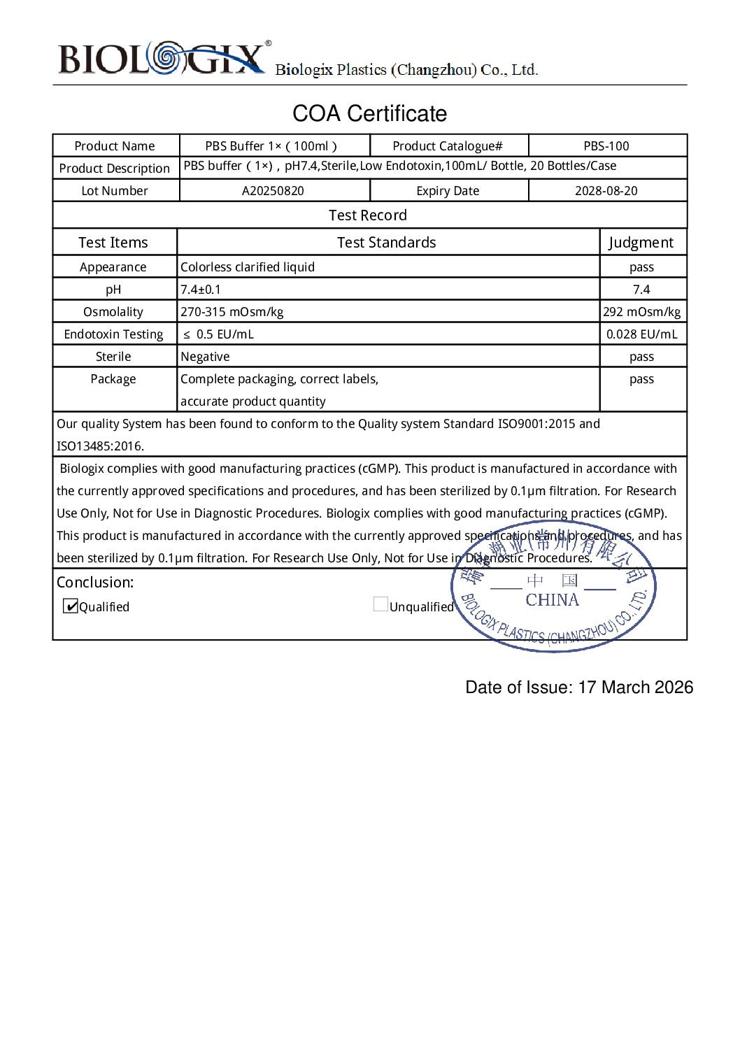 1x Isotonic PBS buffer, pH 7.4, 100mL Bottle - Image 2