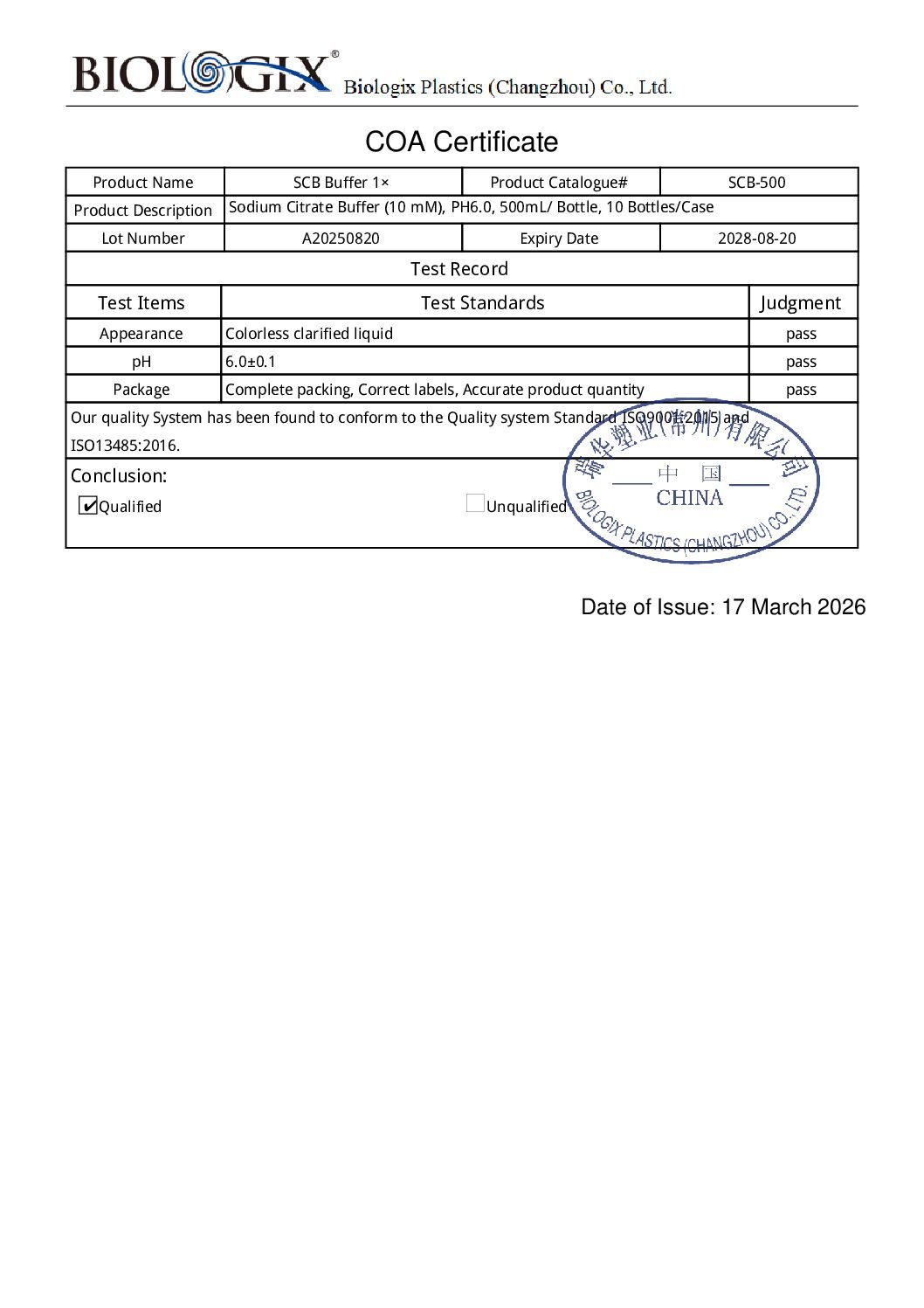 1x Sodium Citrate Buffer, pH 6.0, 500mL Bottle - Image 2