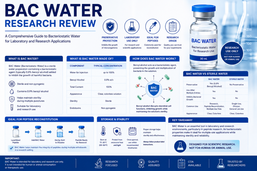 BAC Water Research Review, Bacteriostatic Water research, BAC Water, What is BAC Water, Bacteriostatic Water for research, BAC Water for peptide research, BAC Water review, BAC Water laboratory use, Bacteriostatic Water composition, BAC Water research guide, BAC Water scientific review, BAC Water preservative, BAC Water reconstitution, Research-grade bacteriostatic water, Sterile bacteriostatic water, BAC Water benzyl alcohol