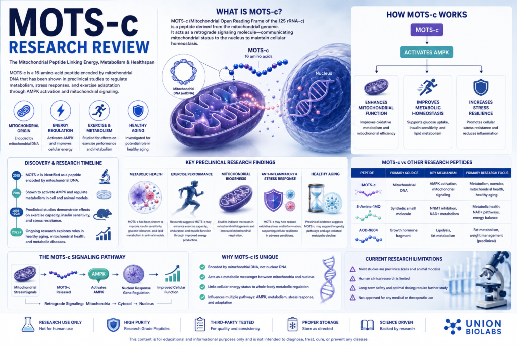 Mot-C Research Review, MOTS-c, MOTS-c peptide, MOTS-c research, What is MOTS-c, Mitochondrial-derived peptide, MOTS-c mechanism of action, MOTS-c metabolism research, MOTS-c AMPK, MOTS-c exercise research, MOTS-c mitochondrial function, MOTS-c scientific review, MOTS-c preclinical studies, MOTS-c aging research, MOTS-c laboratory research, Mitochondrial peptide research