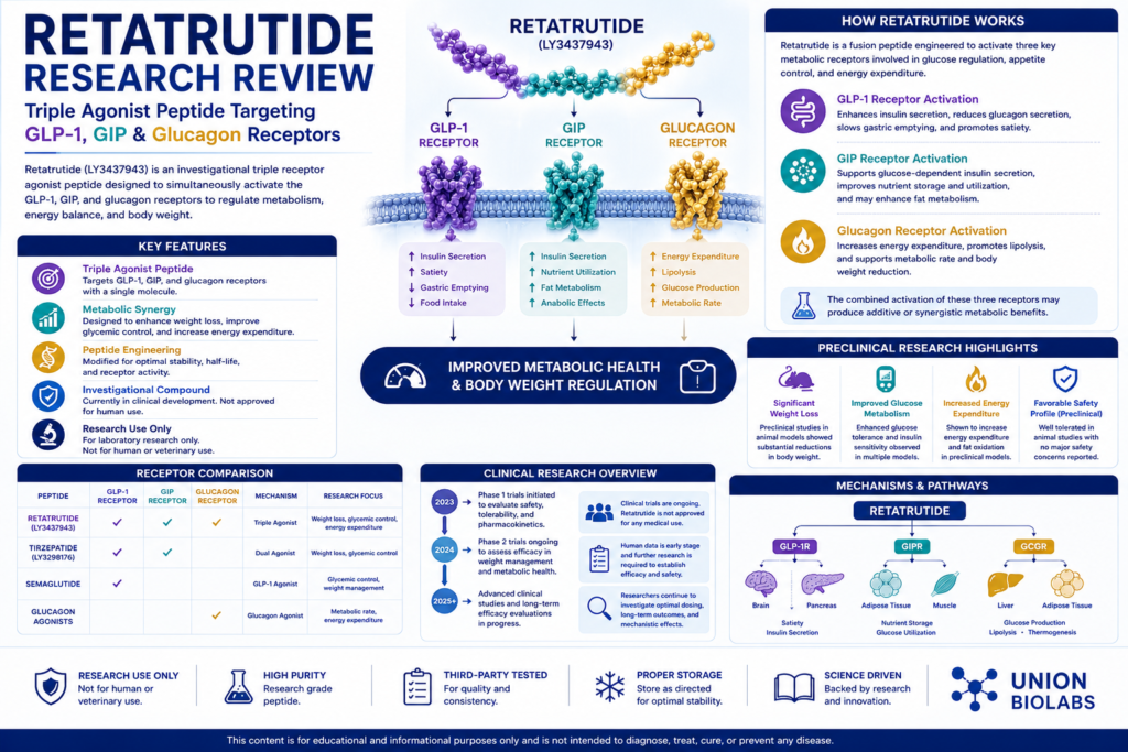 Retatrutide Research Review, Retatrutide, Retatrutide peptide, Retatrutide research, What is Retatrutide, Retatrutide mechanism of action, Triple agonist peptide, GLP-1 GIP glucagon agonist, Retatrutide metabolism research, Retatrutide scientific review, Retatrutide preclinical studies, Retatrutide clinical research, Retatrutide laboratory research, Metabolic peptide research, Retatrutide obesity research, Retatrutide LY3437943