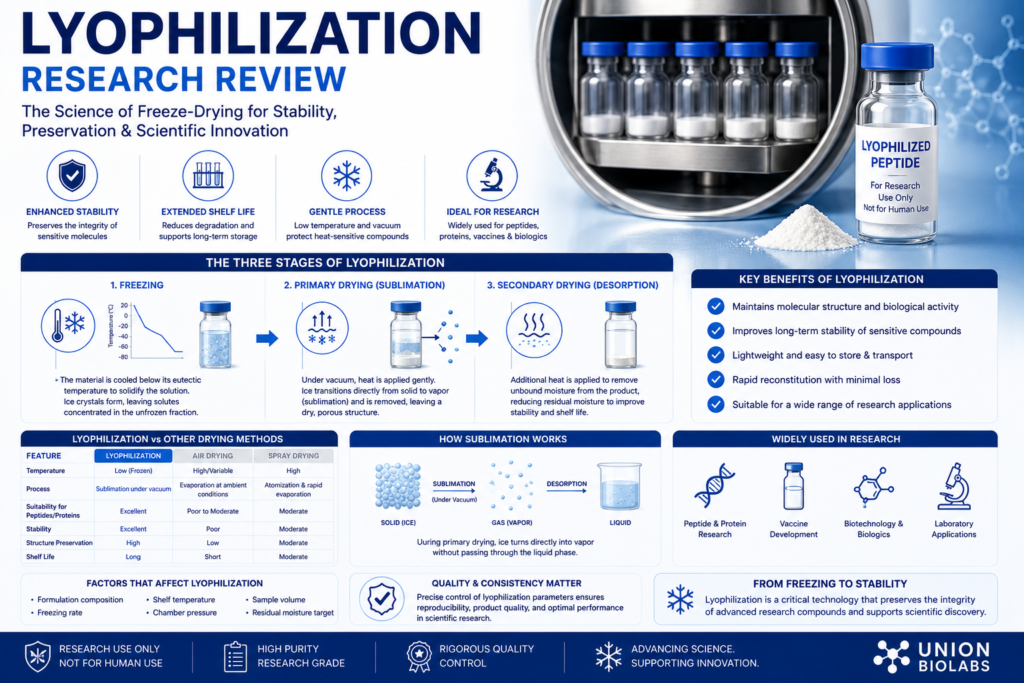 Lyophilization Research Review, lyophilization, freeze drying, freeze-drying process, lyophilization process, what is lyophilization, freeze-dried peptides, lyophilized peptides, peptide lyophilization, lyophilization in biotechnology, pharmaceutical lyophilization, research peptide manufacturing, sublimation process, lyophilization science, freeze-drying research, laboratory lyophilization
